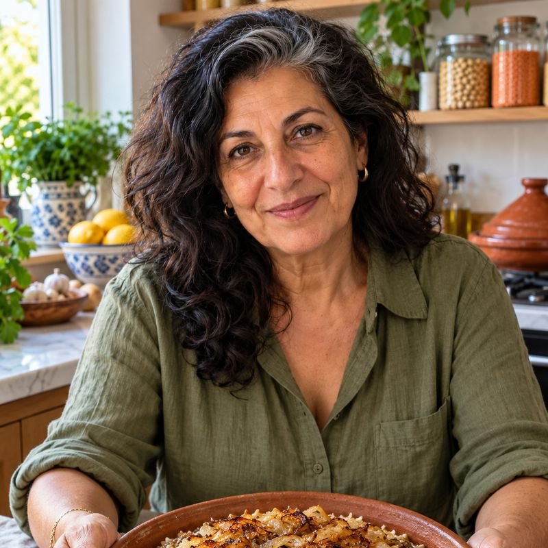 Dona Laila na cozinha dela, segurando uma travessa de barro com mujadara