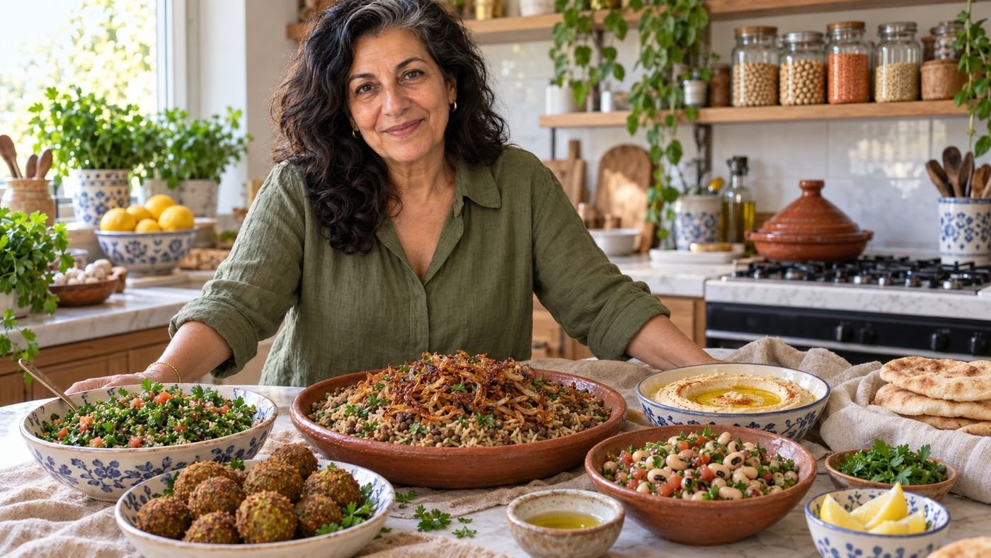 Dona Laila na cozinha dela, atrás de uma mesa posta com mujadara, homus, tabule, falafel e salada de feijão-fradinho