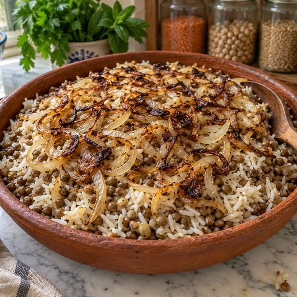 Mujadara: arroz com lentilha e cebola dourada